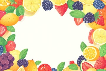 A colorful border of various fruits surrounding a blank space for text or design.