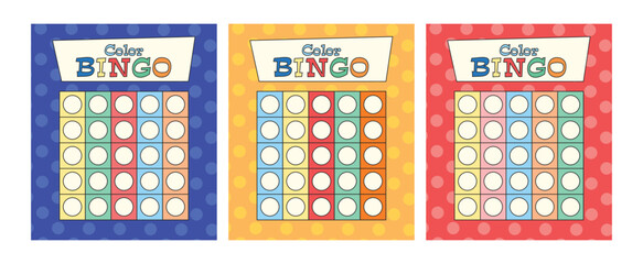 Set of editable color bingo cards template without numbers. Set of lottery tickets for American bingo game. Bright templates with multicolored, dots in background. Vector illustration