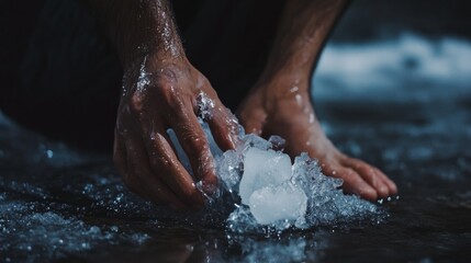 Fototapeta premium A person applying ice to a swollen ankle, showing injury and swelling.