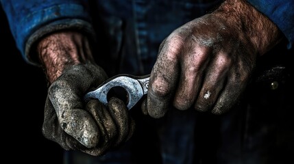 Close-up of Dirty Hands Holding a Wrench