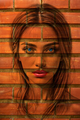 Female face with blue eyes and red lips embedded in a red brick wall