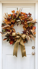 Autumn wreath with wheat stalks, fall foliage, and festive bow on white-painted door for cozy ambiance