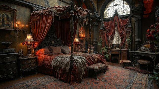 Lavish bedroom with a canopy bed and rich fabrics.