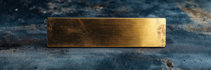 A blank gold nameplate sits on a dark textured surface.