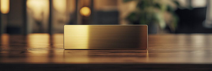A shiny gold plaque sits on a wooden table, ready for your text.