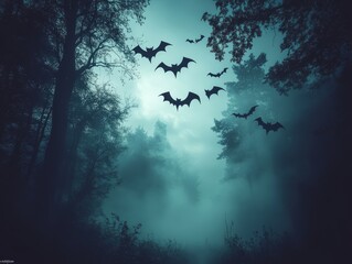 Fototapeta premium Spooky Halloween Forest with Bats and Foggy Atmosphere