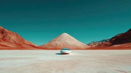 A lone futuristic vehicle is centered on a Mars-like red landscape with a clear blue sky, creating a sense of exploration and isolation in a seemingly alien environment.