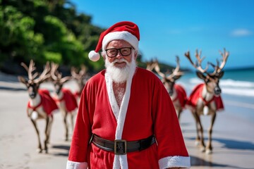 Man in a red hat, red coat is smiling. He is surrounded by reindeer, which are also wearing red. Santa Clause and his reindeers on a tropical exotic island, seacoast or beach landscape