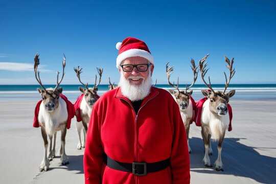 Man in a red hat, red coat is smiling. He is surrounded by reindeer, which are also wearing red. Santa Clause and his reindeers on a tropical exotic island, seacoast or beach landscape