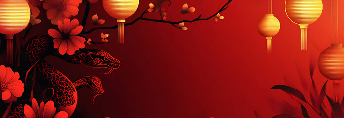 A vibrant red background featuring decorative lanterns, floral elements, and a snake design, celebrating cultural festivities at night