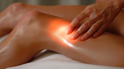 Fototapeta premium A person massaging their calf to ease muscle cramps and soreness.