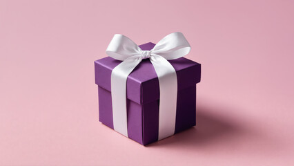 Fototapeta premium Purple gift box with white ribbon sits on pink background