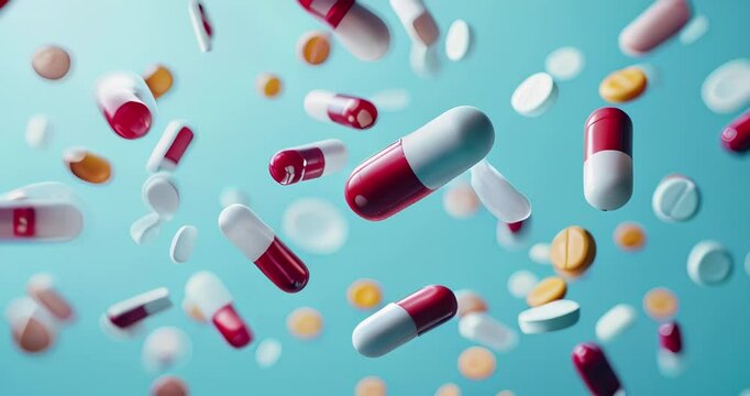 medical capsules antibiotics levitate on a blue background
