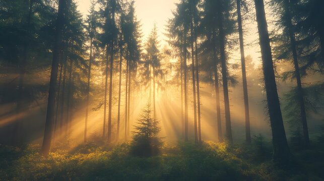 golden hour sunlight streaming through towering pine trees in a misty forest landscape