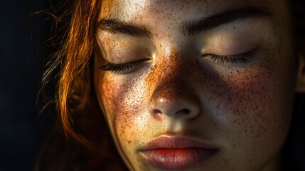 Soft shadows embrace the young woman’s wise expression, with closed eyes reflecting deep thoughts. The intimate atmosphere highlights her beauty and the depth of experience.