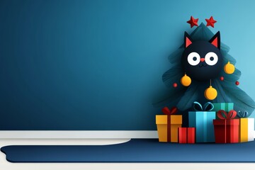Cat is standing in front of a Christmas tree with a star on top. The cat is looking at the camera. The background is a blue wall. christmas tree with gifts and decorations
