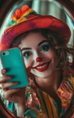 Close-up of beautiful smiling woman clown with hat that holding a colorful phone and making selfie. She is smiling at the mirror and seems happy.