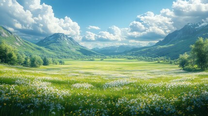 A serene landscape featuring mountains, clouds, and wildflowers.