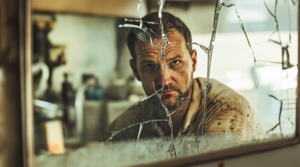 Man Looking Through Cracked Mirror