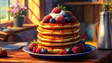 Delicious Pancakes with Whipped Cream and Berries on a Rustic Table