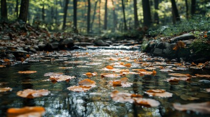 Fototapeta premium Leaves floating in a woodland brook