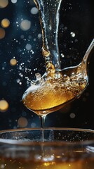 Honey Flowing from Spoon Into Glass Bowl