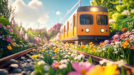 Cartoonish metro on tracks surrounded by spring flowers under bright sunshine