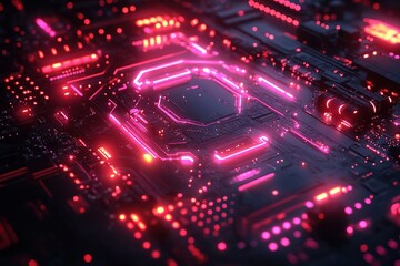 Fototapeta premium Close-up of a glowing red circuit board with a processor in the center.