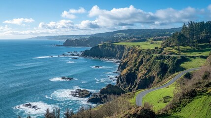 A scenic coastal road winding along the cliffs above the ocean.