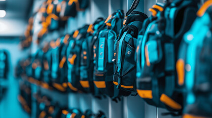 Fototapeta premium A row of blue and orange backpacks hang on a wall.