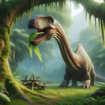 Brachiosaurus eating a leaf in a prehistoric forest