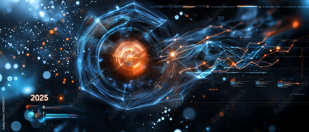 Poster futuristic business dashboard for ai-generated market trend analysis in 2025 visualizing data throug