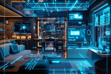 Obraz premium Futuristic IoT scene with interconnected smart devices smartphone, thermostat, camera seamlessly syncing in real-time. Modern home with glowing data lines, holographic displays advanced connectivity