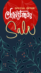 Christmas Sale templates for social media stories template with mistletoe garlands and congratulatory inscriptions in script style. Winter stories template. Christmas design for instagram posts.