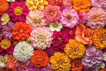 A vibrant arrangement of various colorful flowers in a beautiful display.