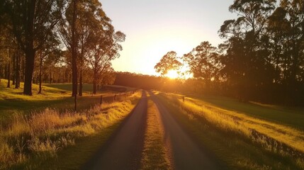 A sunset view over a quiet country road lined with trees.