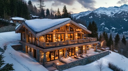 Fototapeta premium Luxurious mountain chalet with panoramic views.