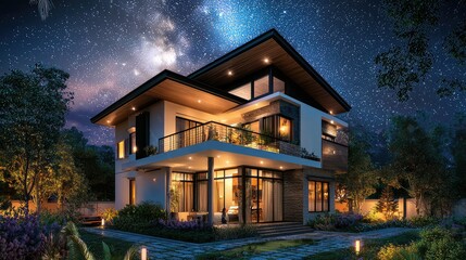 Dramatic Modern Villa Under Starry Night Sky