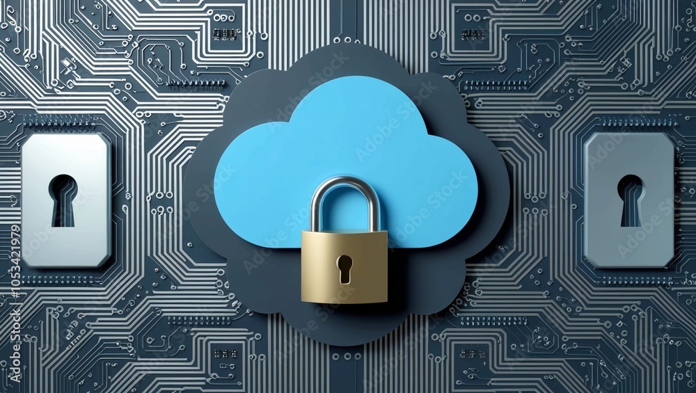 Poster abstract 3d rendering of a digital cloud with security locks and circuitry, illustrating cybersecuri