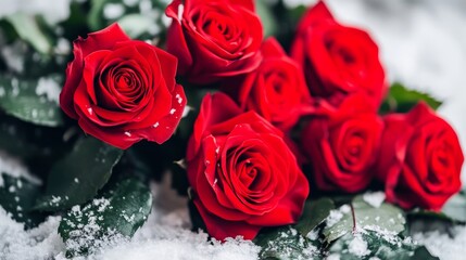 A bouquet of red roses resting on snow, symbolizing beauty and love in a winter setting.