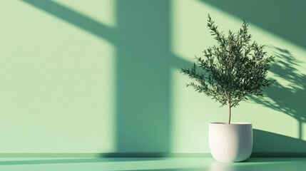 Fototapeta premium Minimalist house decor with a small potted tree on a vibrant green background, perfect for modern interiors.