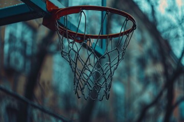 Basketball hoop with frozen net hanging on a blurred background of urban street