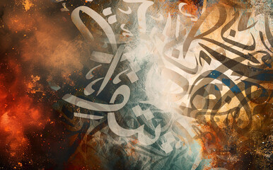 Painting on canvas. Arabic calligraphy wallpaper on a brown wall mixed with old paper overlapping...