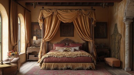 Luxurious bedroom with a canopy bed and rich fabrics.