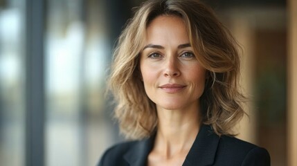 Fototapeta premium Middle-aged American woman with a business suit and a friendly look.