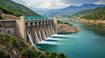 A dam with water gushing over the walls, symbolizing energy and power in large-scale sustainable eco-friendly adventure activities. Dam with flowing water