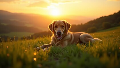  Golden Retrievers joyous moment at sunset