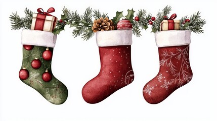 Christmas card design, three stockings with gifts and baubles, garland of holly and ivy, hand-drawn vintage style, isolated on white background