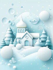 Snow globe with church in snowy village, white background, soft glow, watercolor style