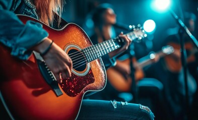 Obraz premium A man is playing a guitar in front of a microphone